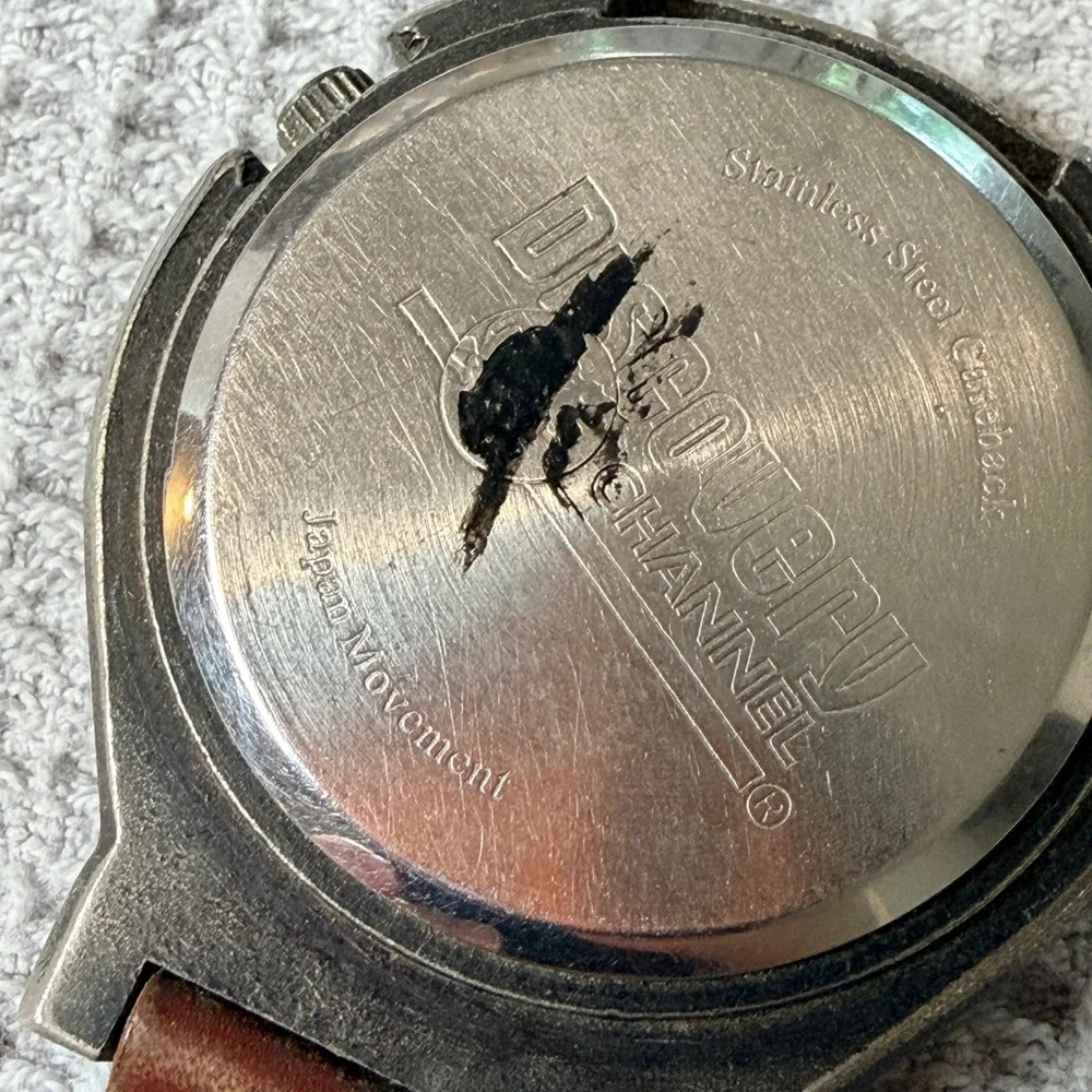 Discovery Channel Clip On Compass Bezel Watch Brown Leather Strap Japan Movement